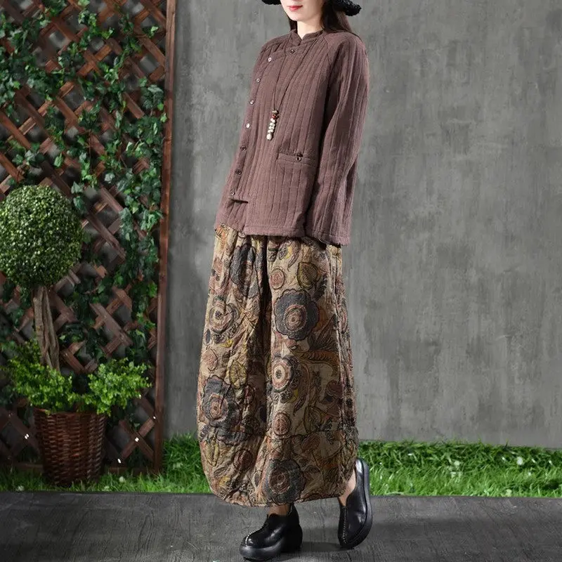 Women 2023 Winter Vintage Art Print Cotton Quilted Skirt Elastic Waist Warm And Thick Mid Length Cocoon Skirt Mujer Faldas Z3548