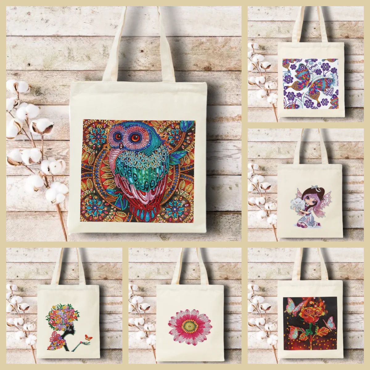 1 Juego de pintura artística con diamantes DIY, bolsa de compras con patrones de animales/flores/figuras humanas, bolsa de viaje de lona con diamantes de agua y cristal