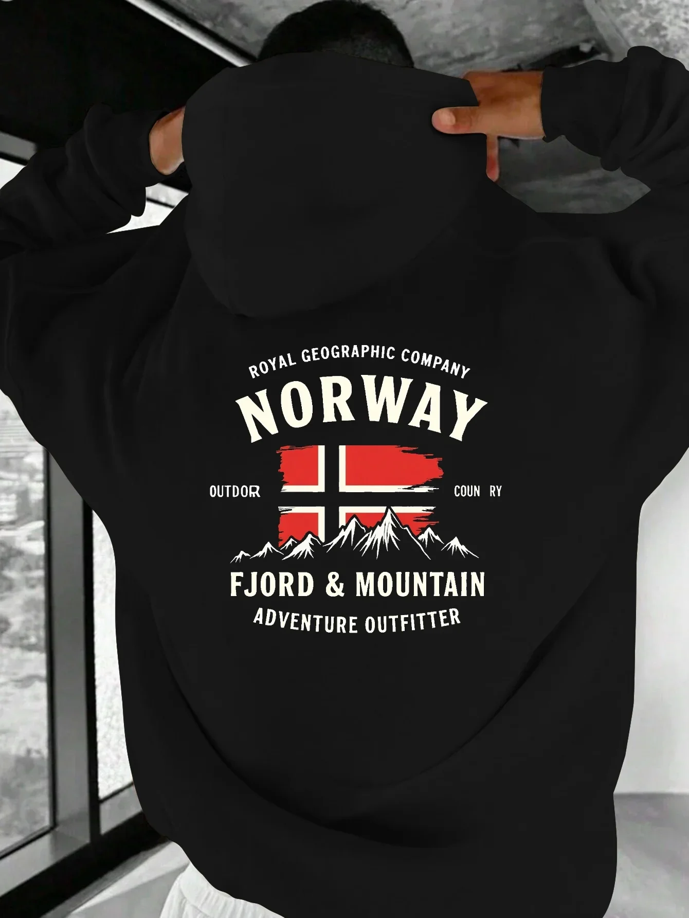 Men Thick Warm Hoodie Retro Norway Fjord Mountain National Flag Outdoor Adventure Letter Print Hiking Daily Commute Pullover