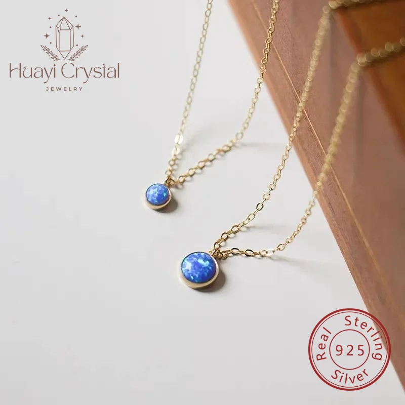 

S925 Sterling Silver Pendant Blue Opal Stone Necklace Opal Mini Short Clavicle Chain Elegant Female Stylish Exquisite Necklace