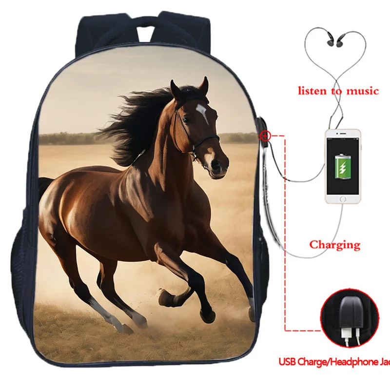 Grande Capacidade Correndo Cavalos Mochila, USB Charge, Saco de Viagem para Adolescentes, Escola Secundária Schoolbag, Laptop, 16"