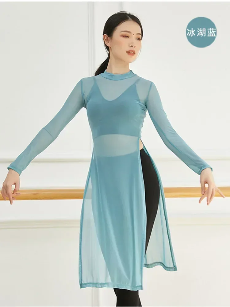 2024 Split Transparent Ballet Costume Long T-Shirt Adult Mesh High Neck Belly Dance Top Women Clothes Dancer Wear Clothing
