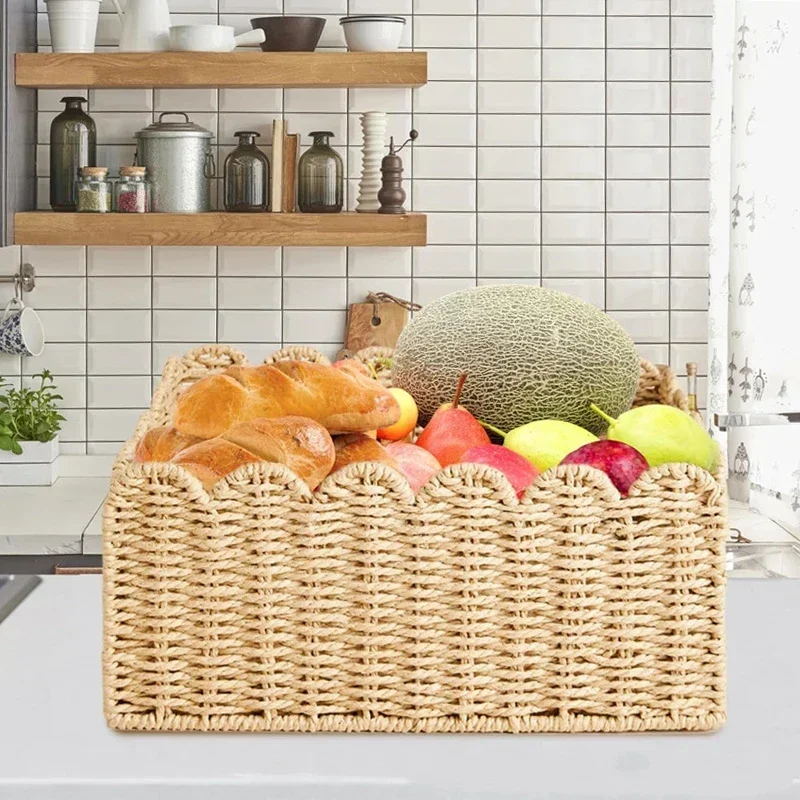 

1PC Paper Rope Woven Storage Basket High-capacity Clothing Storage Boxes Kitchen Storage Basket for Pastries Cosmetics Fruits