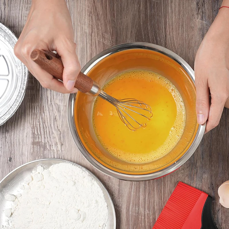 Stainless Steel Wire Whisk, Kitchen Egg Beater for Blending Whisking Beating Frothing Stirring Batters, Wooden Handle