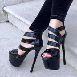 BERZIMER Women Platform Sandals Peep Toe Back Zip Up Thin High Heels Pumps Shiny Prom Party Shoes Woman Large Size 41 43 45 47