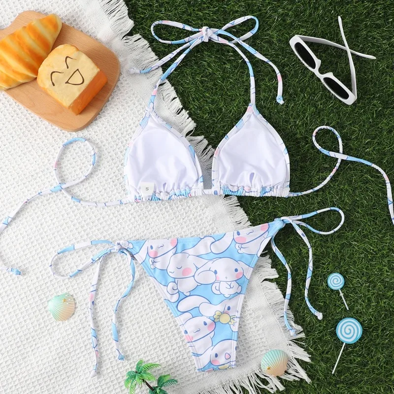 2pcs Sanrio Cinnamoroll Bikini Set Kawaii Cartoon Sexy Women Swimwear Y2K Summer Beach Soft Side Strappy Panties Birthday Gifts