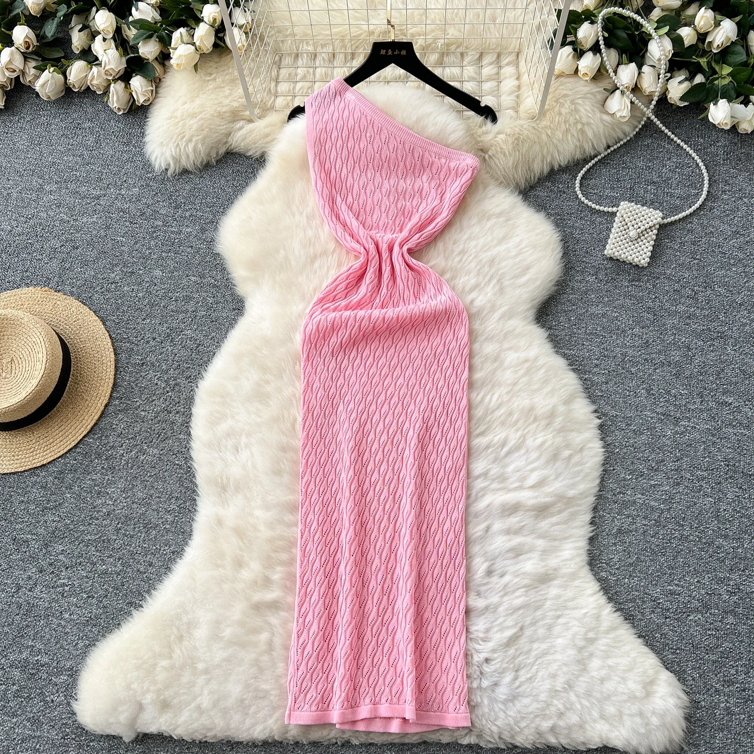 

New Off Shoulder Knitted Dresses Women Sleeveless Temperament Hollow Out Elastic Summer Elegant Basics Sundress Maxi Long Dress