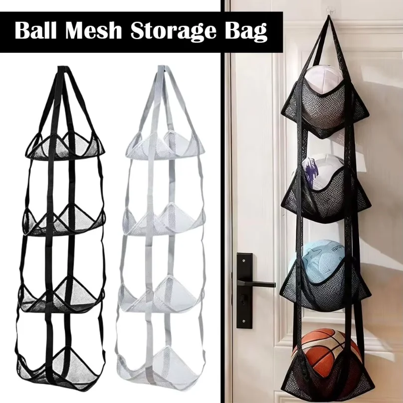 2Pcs 4 Tier Hanging Sports Ball Storage Organizer Mesh Ball Holder Vertical Space Saving For Basketball Soccer Volleyball Toy