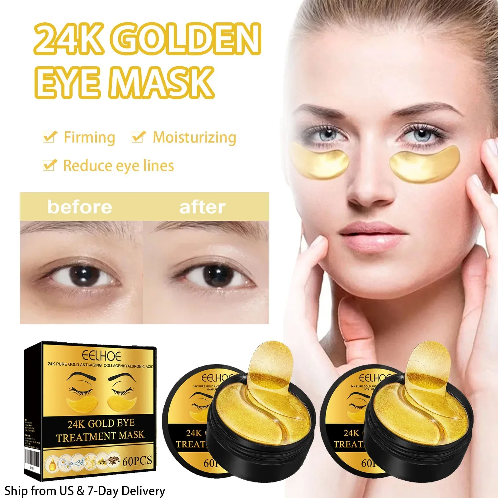 2PCS 24K Golden Eye Mask Reduce Dark Circles, Eye Bags, Fade Eye Lines, Moisturize And Tighten Eye Stickers Eye Care Products