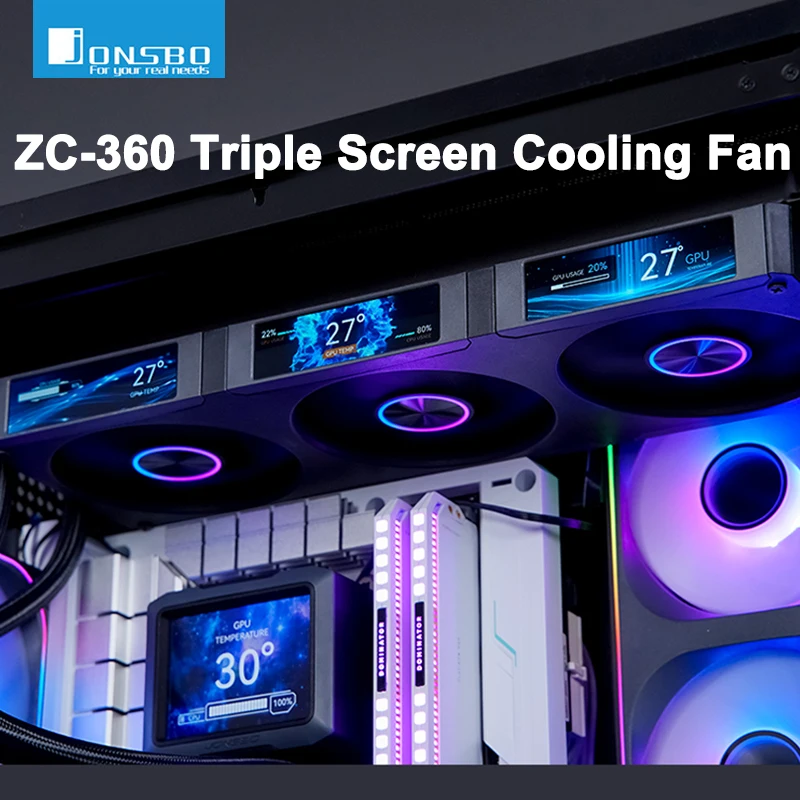 JONSBO ZC-360 Chassis Fan 3 Screen 5V ARGB PWM CPU Cooling Fan Ball Bearing Integrated Fan Magnetic Suction 3.38 Inch Case Fan