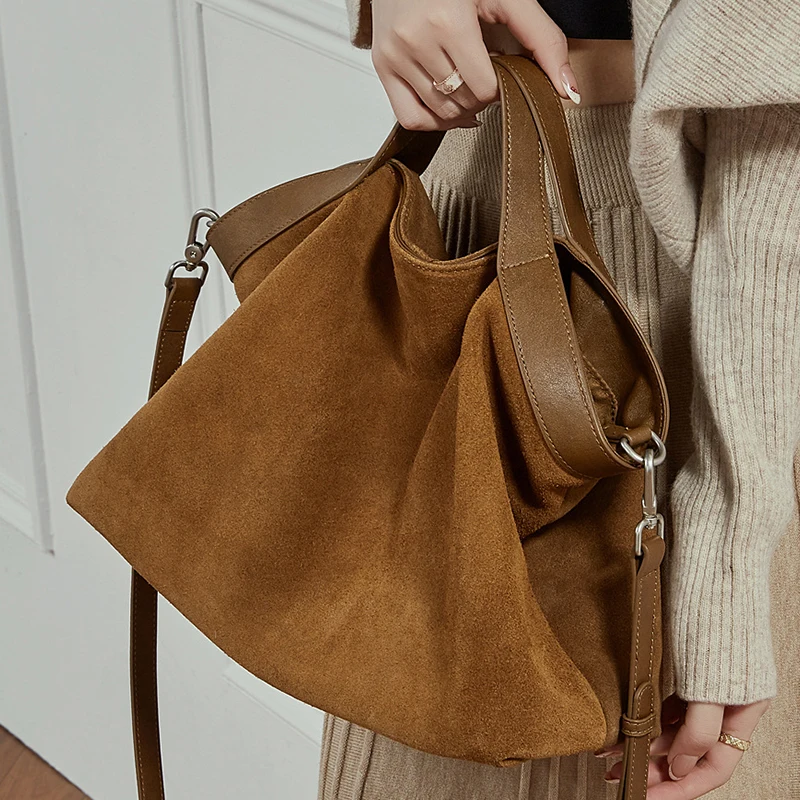 

Vintage Women's Suede Genuine Leather Splicing Handbag Casual Soft Ruched Design Bucket Bag Elegant Ladies Daily Shoulder Bag