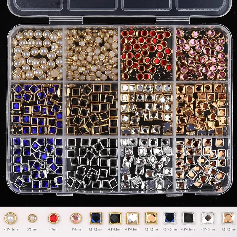 

12 Grids Nail Art Decoration Mixed Shape 3D Nail Charms Punk Metal With Gem Rhinestones Flat Bottom Gold Crystal Decoration Set