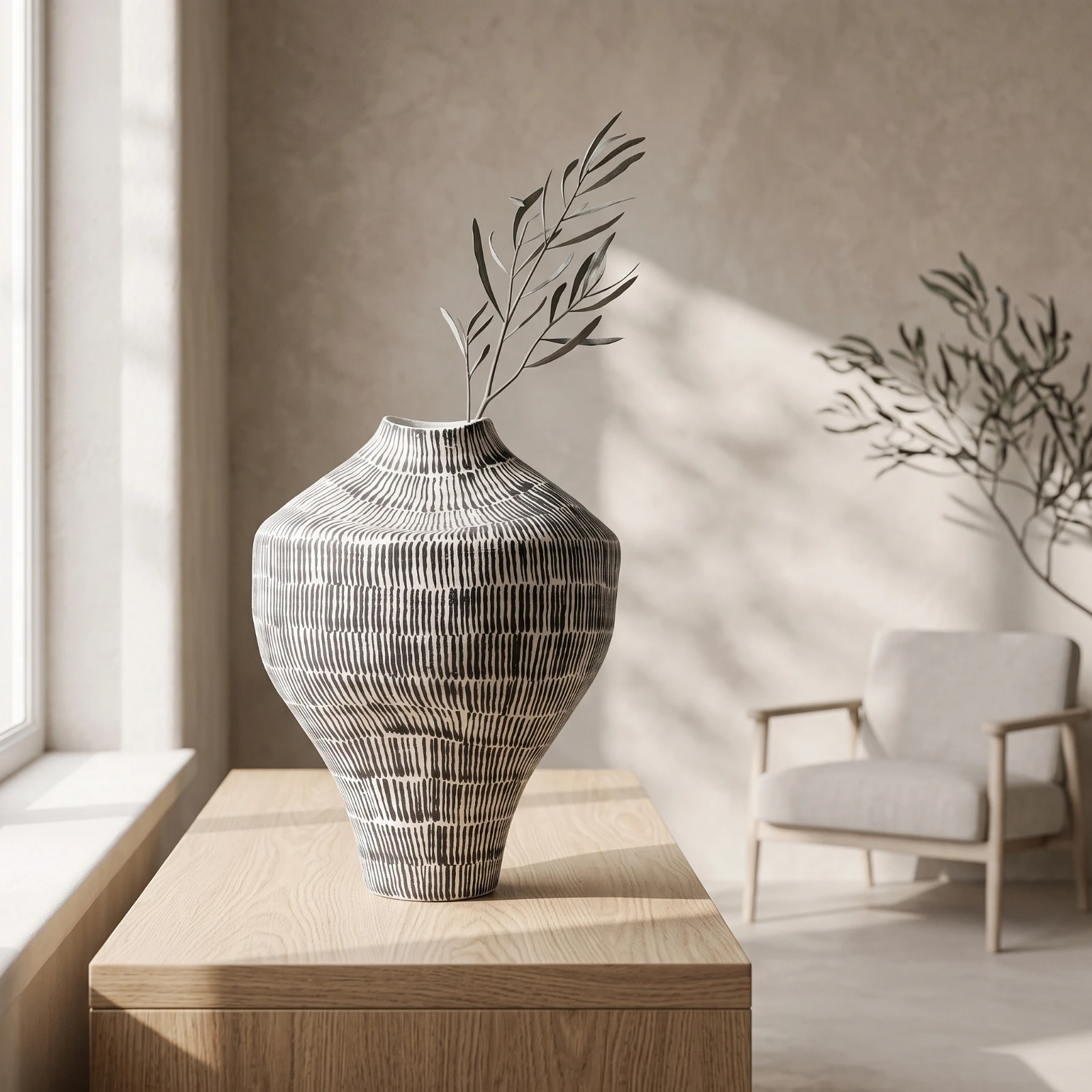 Ceramic Floor Vase Hand-Painted Vase with Textured Surface Handmade Artisanal for Interior Designers, Living Room, Entryway