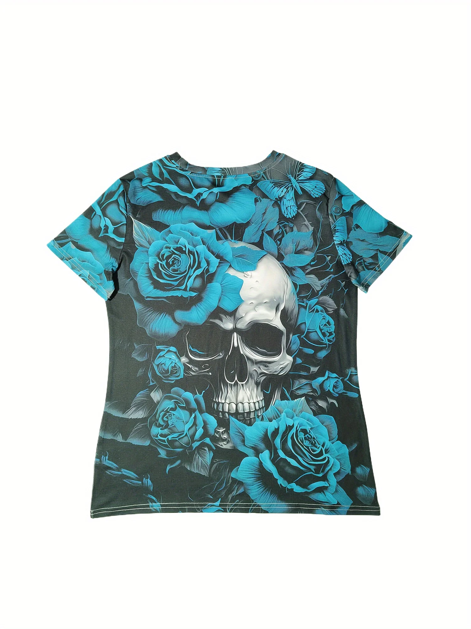 Women's Tee - Skull & Turquoise Rose Graphic, Edgy Gothic Floral Design for Casual Daily Wear