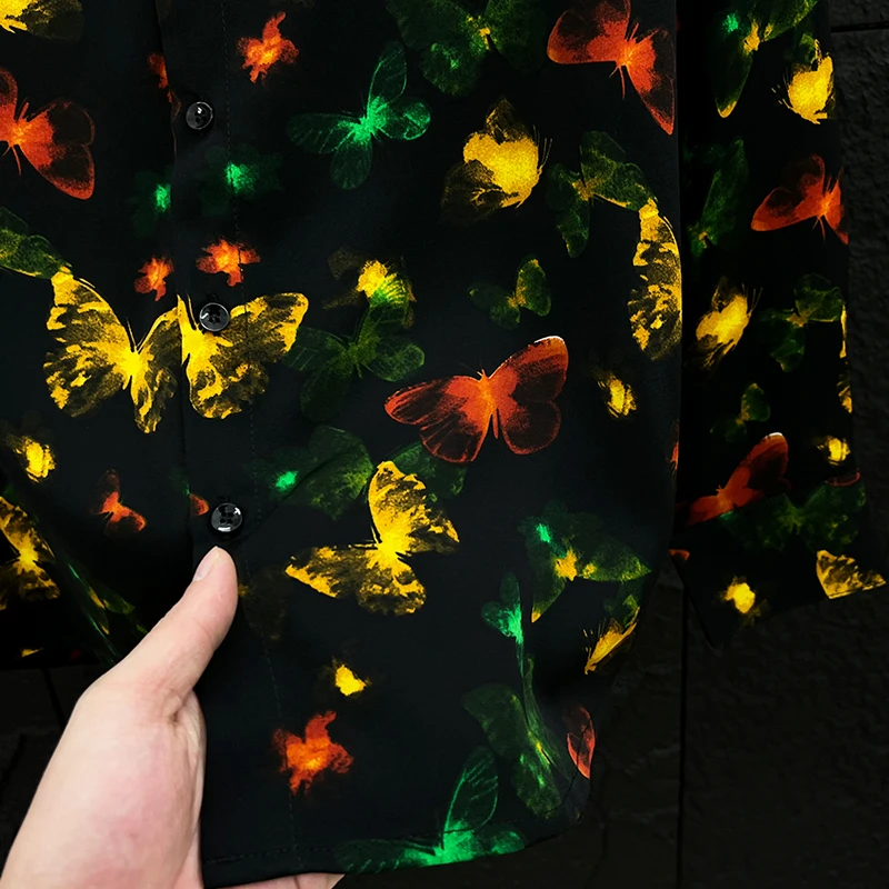 2025 الصيف فراشة الطباعة موضة الشيفون قميص طويل الأكمام الرجال النساء الكتف مبطن قمصان أنيقة غير رسمية