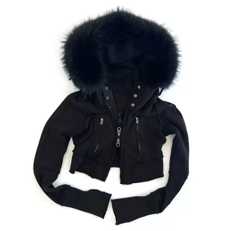 American Y2K Vintage Fox Collar Hoodies Punk Subculture Black Long-sleeved Hoodie Jacket Women's Harajuku Slimming Short Tops