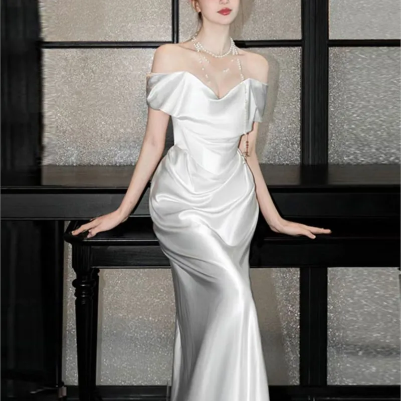 

Light luxury new line shoulder white simple satin going-out dress