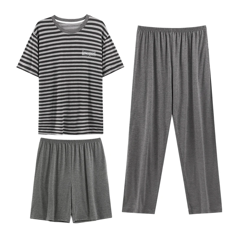 Long Pants+Tops+Shorts 3Pcs/set Men Pajama Set Fashion Striped Print Nightwear Summer Pyjamas Male Modal Sleepwear Pijama Hombre
