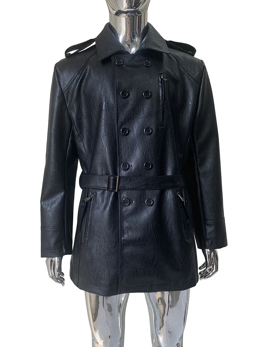 

Весенне-осенний черный тренч из жесткой искусственной кожи для женщин, двубортный элегантный роскошный дизайнерский костюм, мода в британском стиле