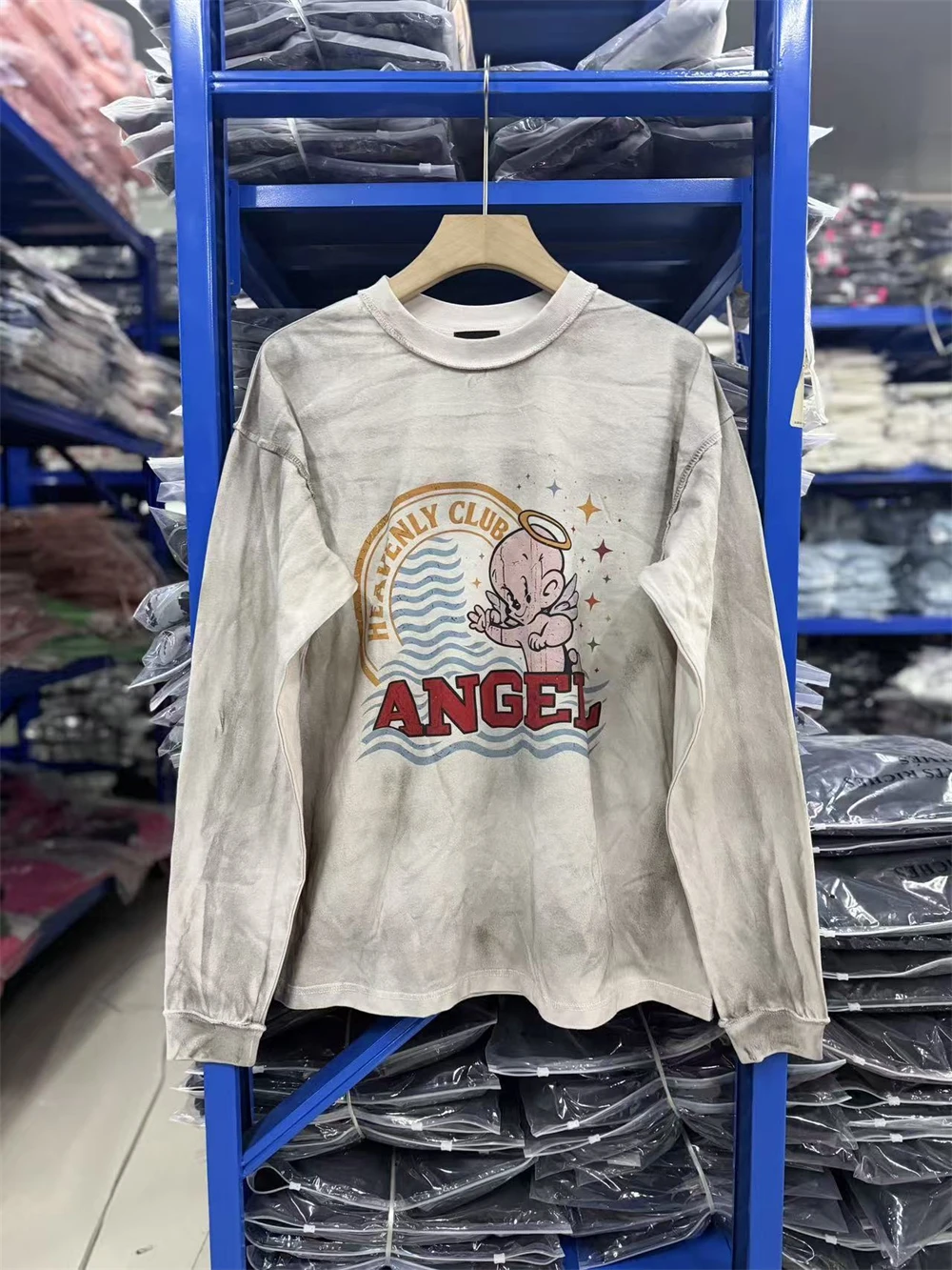 High quality Vintage Little Angel Pattern Printed Washed Long Sleeve T-shirt Street Cotton Round Neck Simple Versatile Fashion