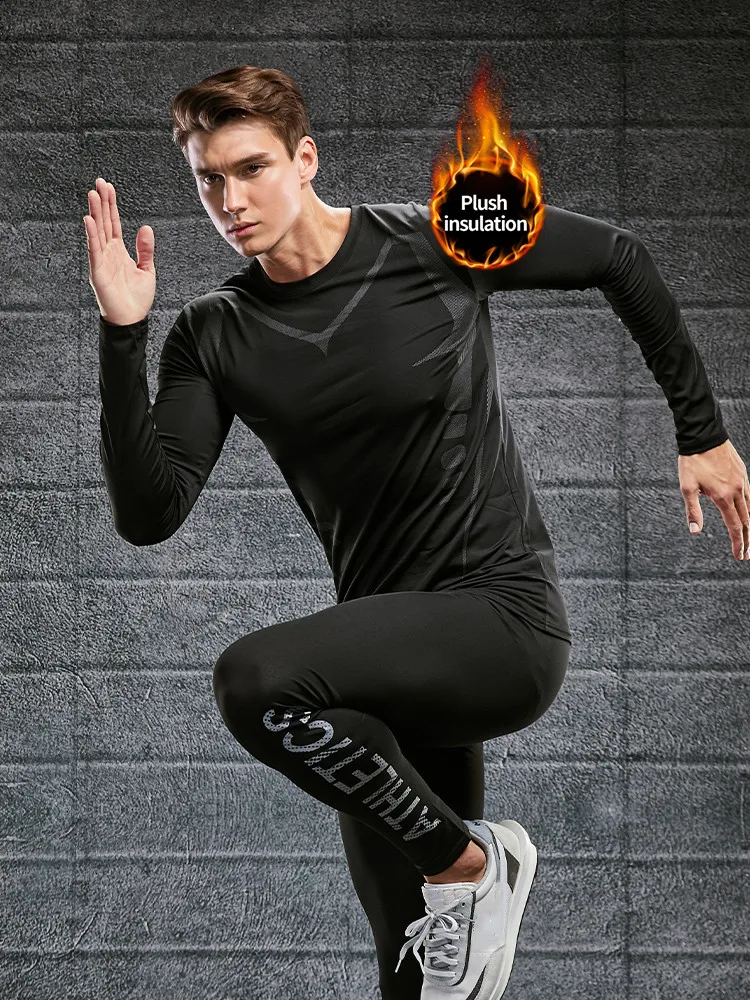 Warm Underwear For Men With Plush And Thickened Coldproof And Seamless Tight Bottoming Sports Set, Autumn And Winter Top