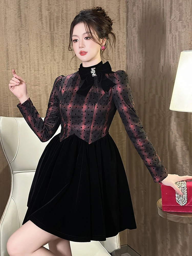 ชุดเดรสสไตล์วินเทจฝรั่งเศสสำหรับผู้หญิง น่ารัก ลายจุด ลายสก็อต ตัดต่อสีดำ ทรงบอลกาวน์ สไตล์คาวาอี้ ชุดเดรสสั้นสำหรับออกเดท เสื้อผ้าผู้หญิง