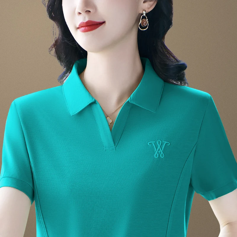 

Casual Faionable ort Sve Women's T-irt Pure Color Turn-down Collar Versatile Age-defng Summer Top for Mom