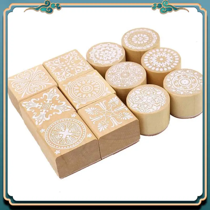 ABJG-24Pcs Wooden Stamps Floral Pattern Circles And Squares Decorative Rubber Wooden For DIY Craft Card And Scrapbooking