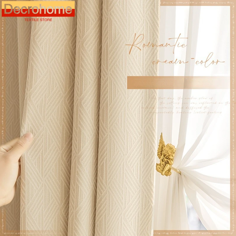 

Custom Geometry Jacquard Cream White Chenille Curtains for Living Room Bedroom French Window Balcony Bay Window Finished