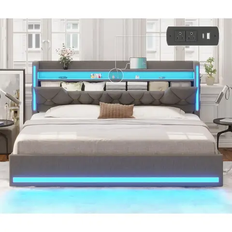Struttura letto king size con testiera e contenitore Marshmallow, letto king size in metallo con luci a LED e stazione di ricarica, piattaforma imbottita