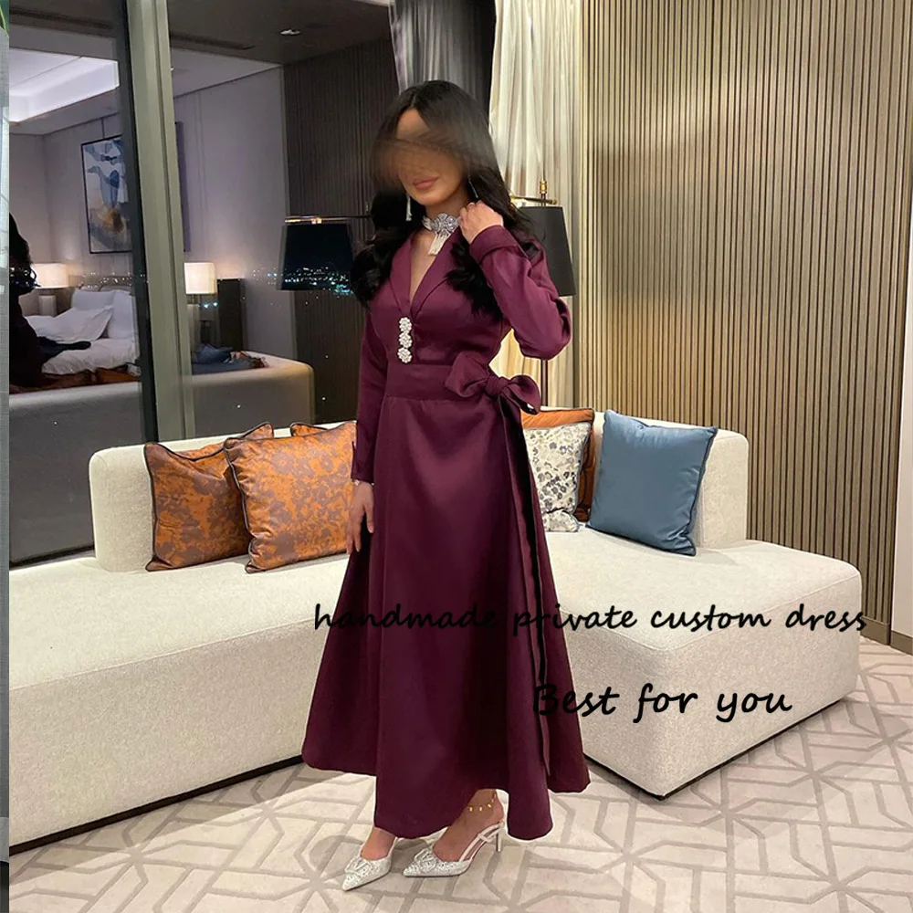 

Plum Satin Arabian Dubai Evening Party Dresses Long Sleeve V Neck Formal Prom Dress Ankle Length Wedding Guest Gowns