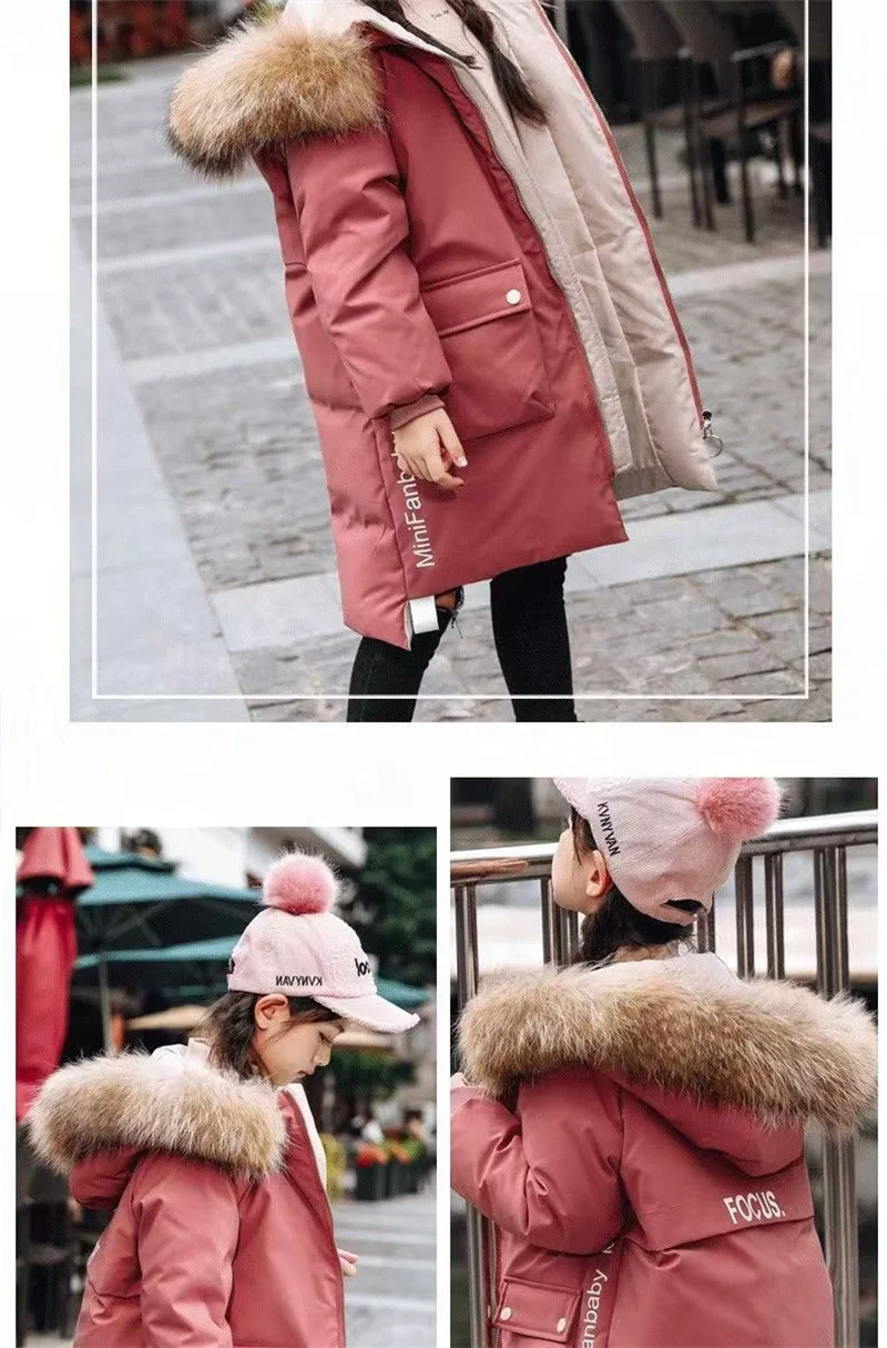 Parka de algodão pesado com colarinho de pele infantil, jaqueta de inverno, casacos grandes, grossos, quentes, longos, menina, Casacos infantis,