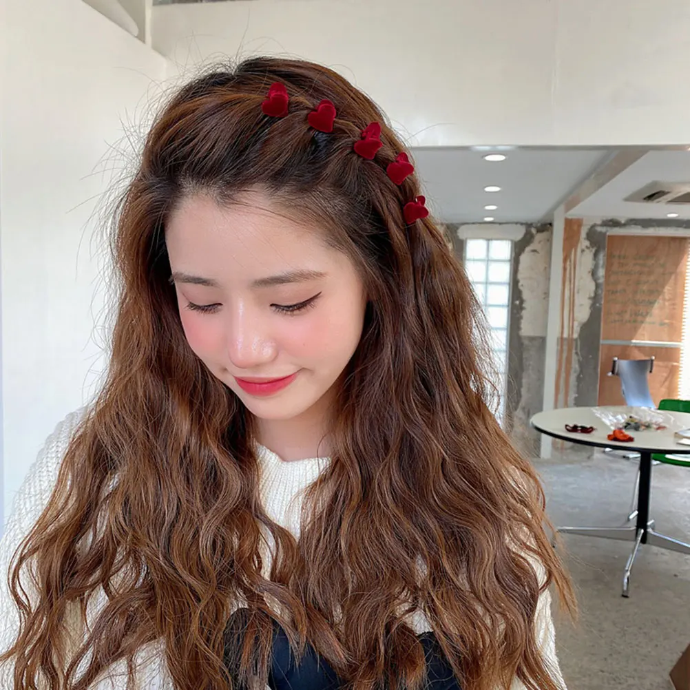 

10pcs Heart Shaped Claw Clips Mini Flock Red Accessories Durable Cute Women Girls Hairstyle Dating Office School