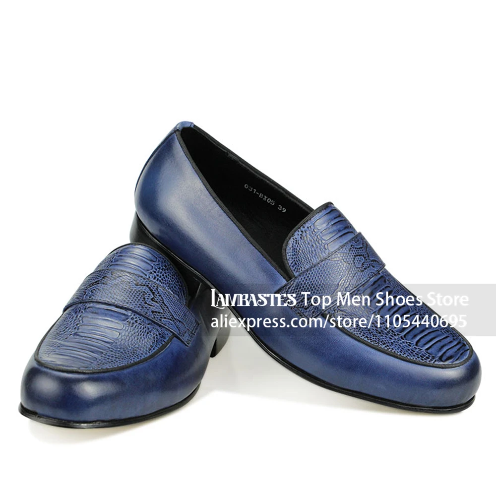Men's Navy Blue Snake Embossed Saddle Loafers Crocodile Pattern Spliced Leather Slip on Men Dress Loafers Embossed Panel Loafers
