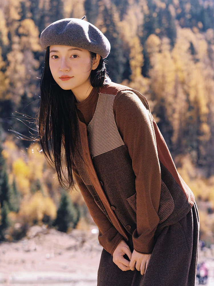 

Autumn Color Patchwork Vest Handmade Feel Inner Wear Sandwich Sle Slimming ort Quilted Jaet Polyester Wool Blend