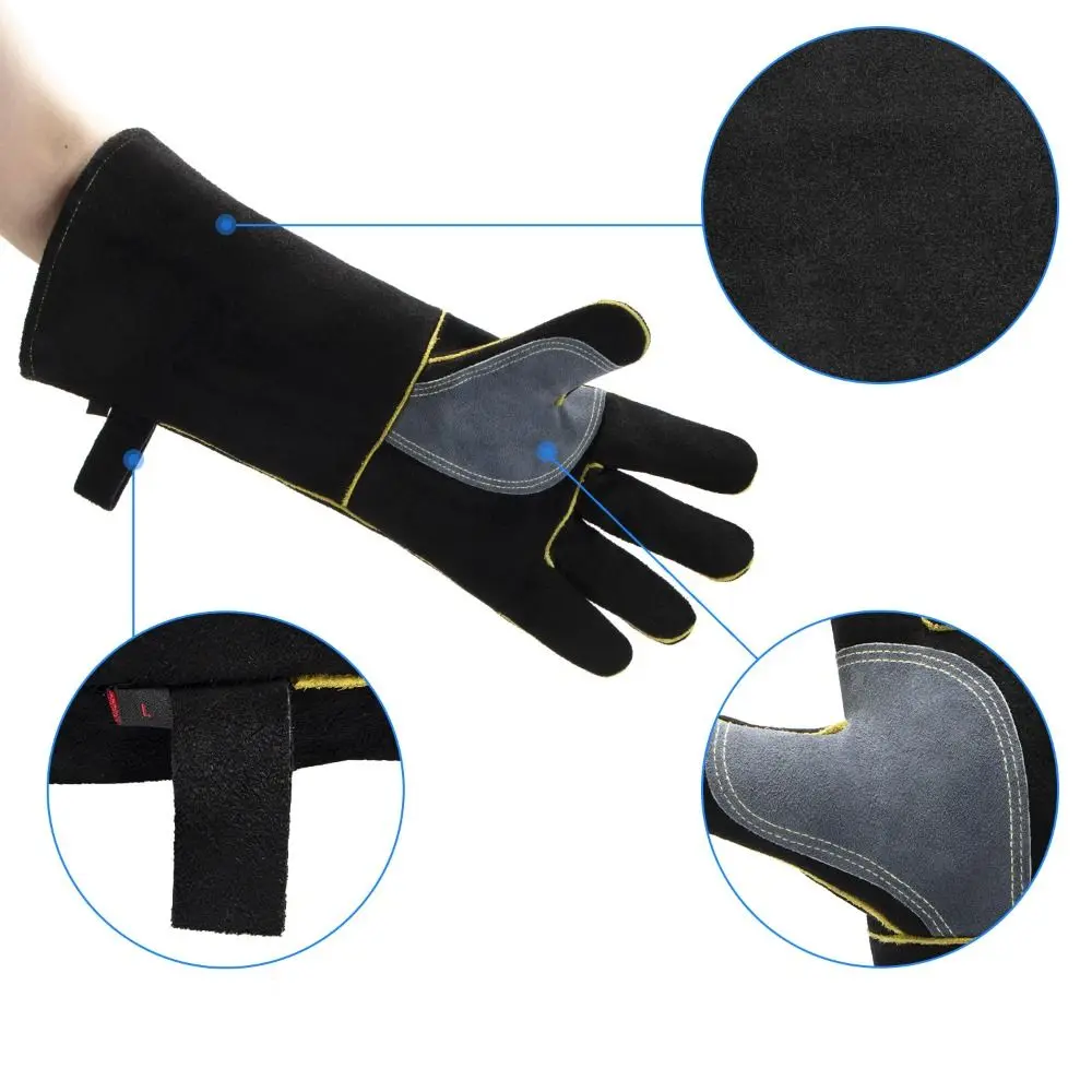 Leather Heat Resistant Gloves Heat Insulation 14/16 Inch Welding Gloves High Temperature Resistance Oven Gloves Stove Handling