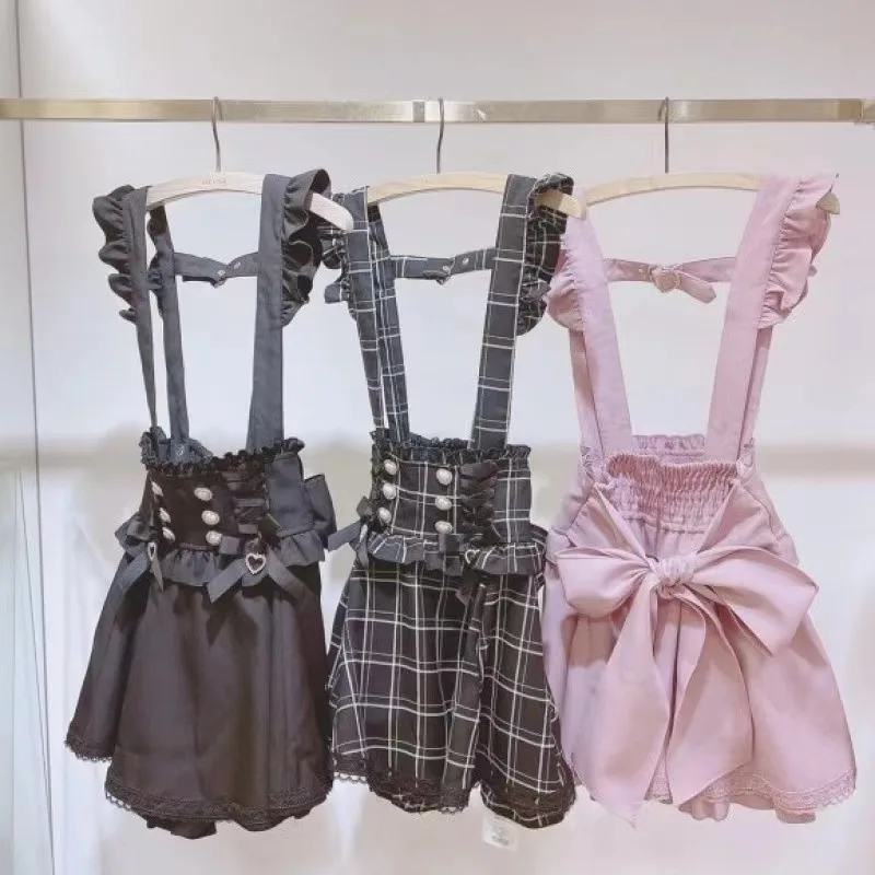 Suspender Skirt Girls Sweet Cute Lace A-Line Mini Skirts Japanese Gothic Lolita Ribbon Bow Diamond Pearl Buckle Removable Short