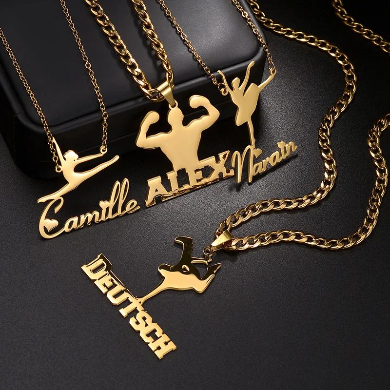 Spark Stainless Steel Customized Profession Character Thick Chain Necklace Gold Color LOGO Design Birthday Jewelry Gift