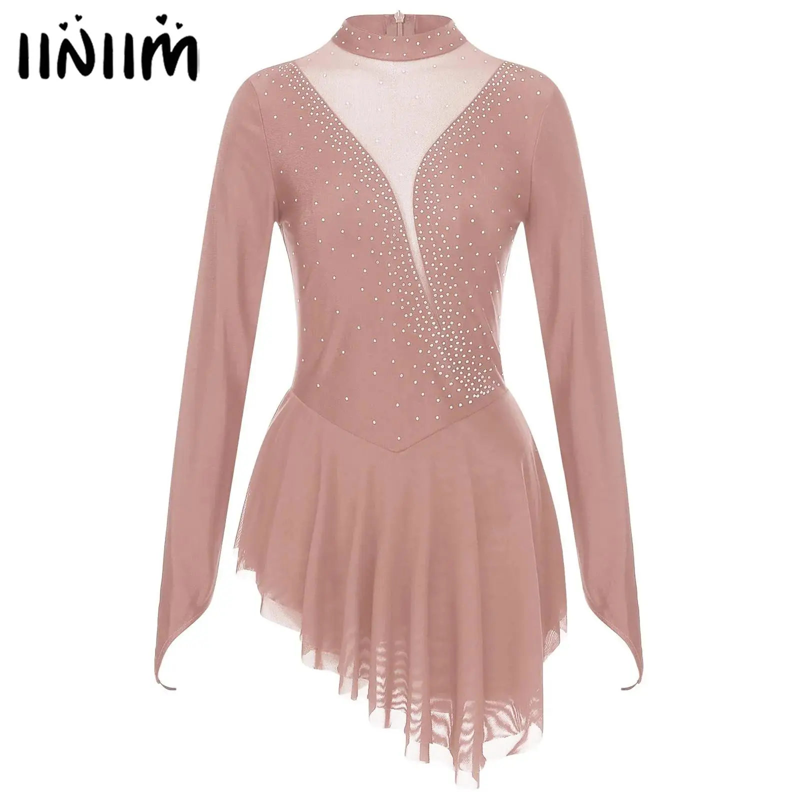 

Womens Figure Skating Ballet Lyrical Dance Outfit Gymnastics Dance Wear Costume Glittery Rhinestone Sheer Mesh Long Sleeve Dress