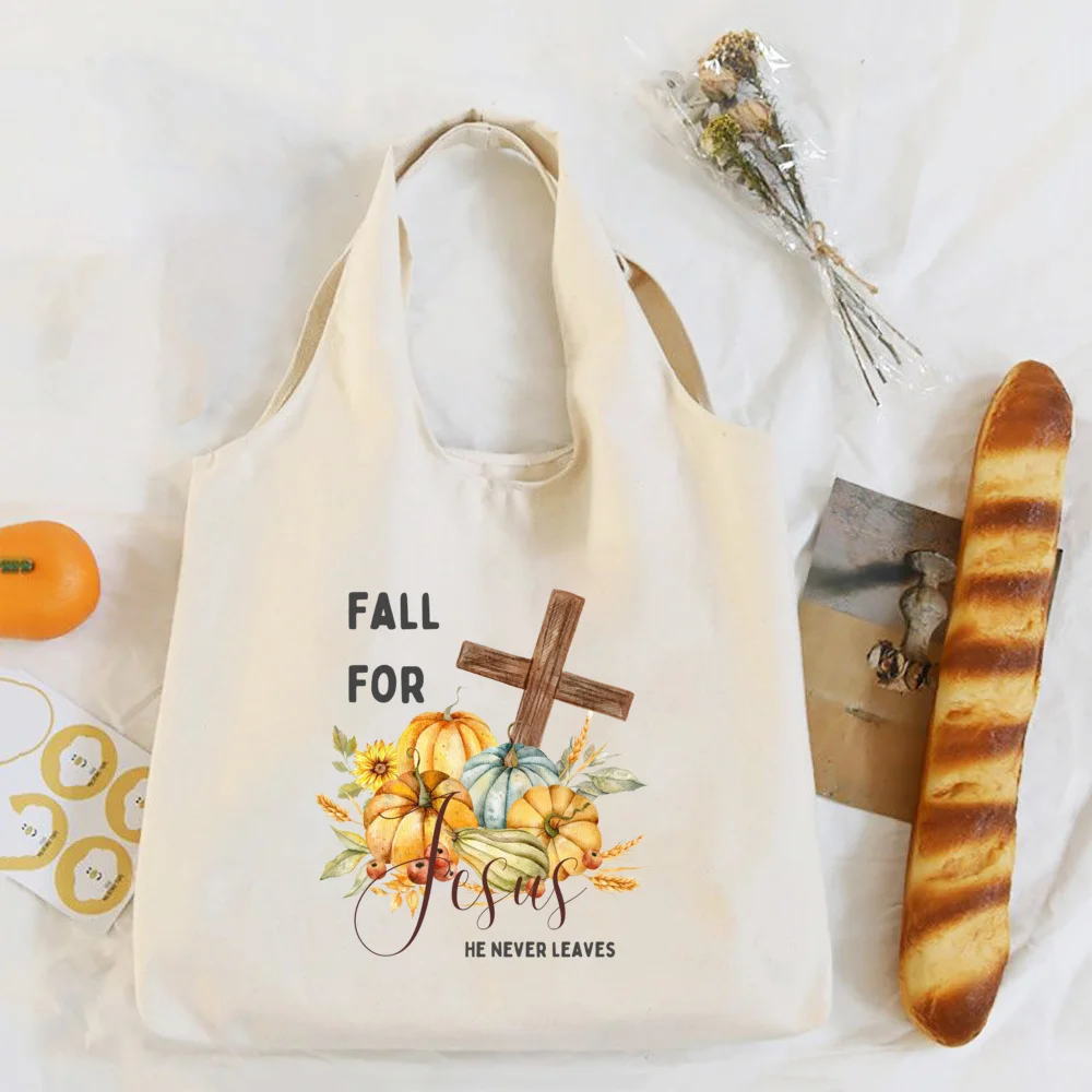 Pumpkin Spice & Jesus Christ Print Shouder Bag Fall Thanksgiving Halloween Canvas Bags Autumn Festive Tote Handbag Gift for Her