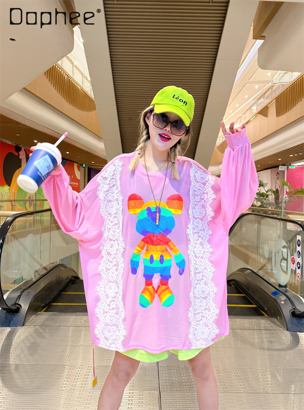 

Summer Cartoon Print Lace Patchwork Thin Long Sleeve T-Shirt Women's Casual Loose Balck Beach Sunscreen Tee Oversized T Shirt