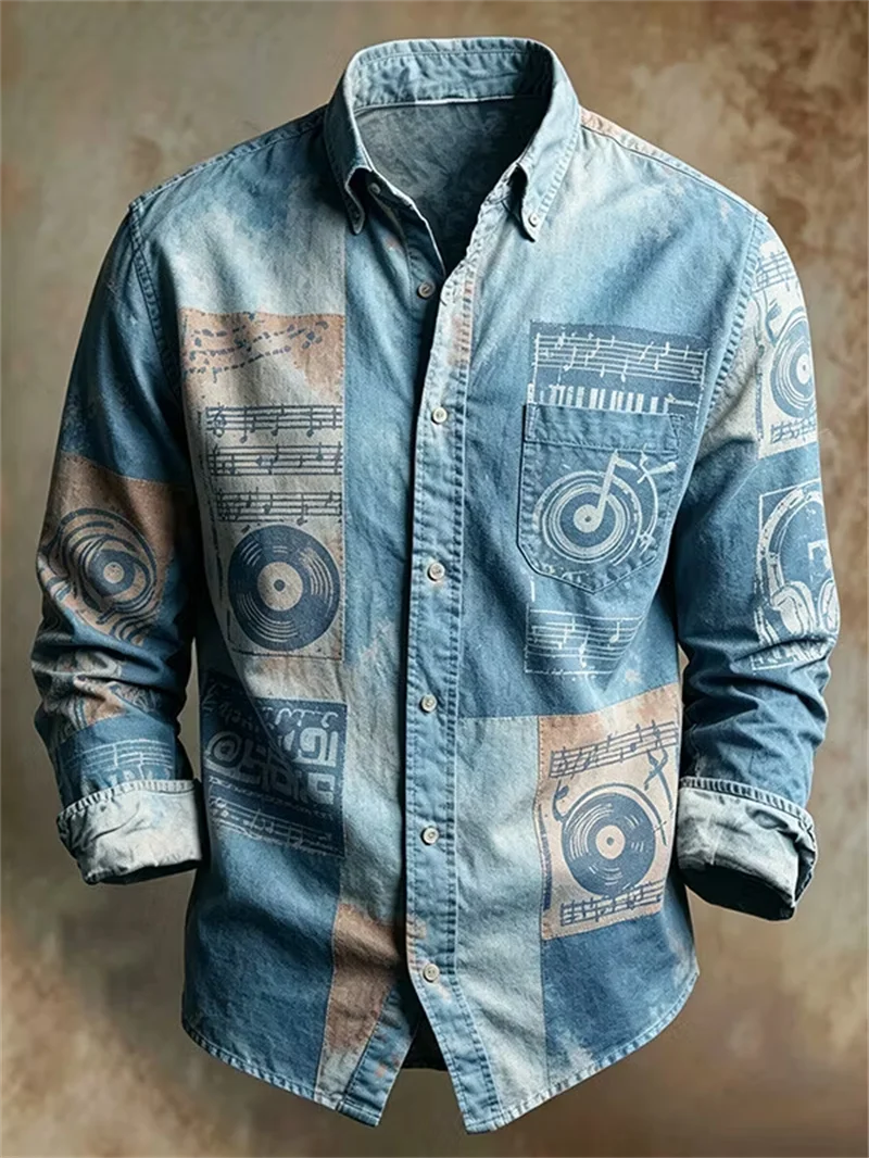 New Retro Blue Rose Floral 3D Printed Pattern Men's Long Sleeved Shirt, Vintage Artistic Casual Shirt Clothing