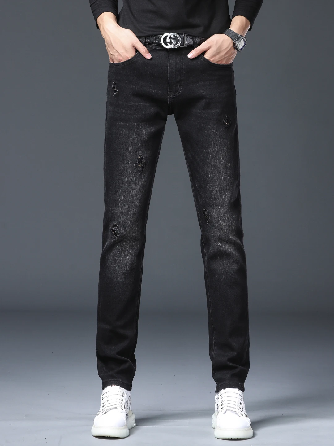 

High-End Embroidered Bla Jeans Men's Slim Fit Elastic Casual Versatile Long Pants Cotton Stretch Denim mid Waist Zipper Clo...