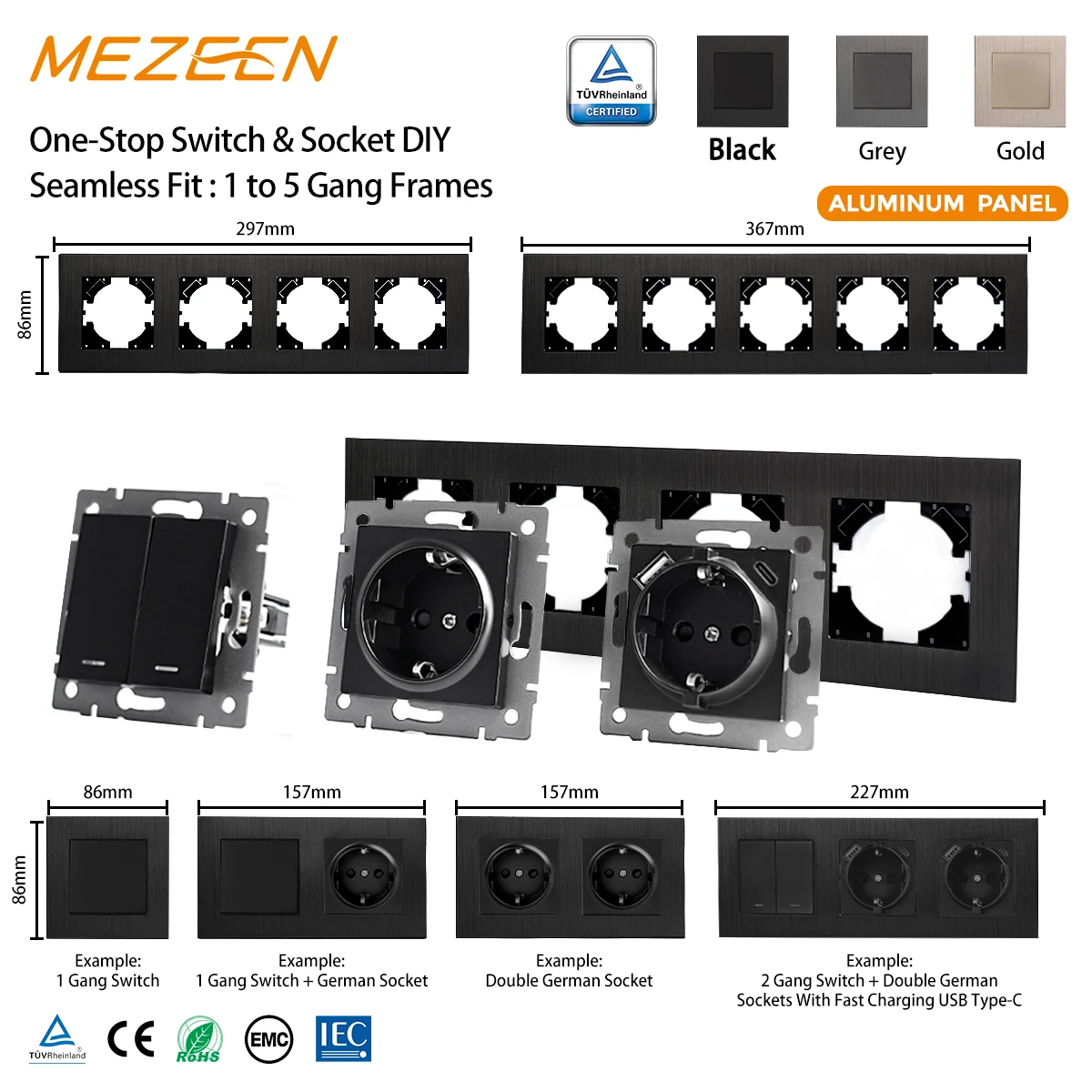 Black Color Brushed Aluminum Plate 1 2 3 4 5 Gang Horizontal‌/Vertical Wall Socket, USB Socket, Antenna Socket