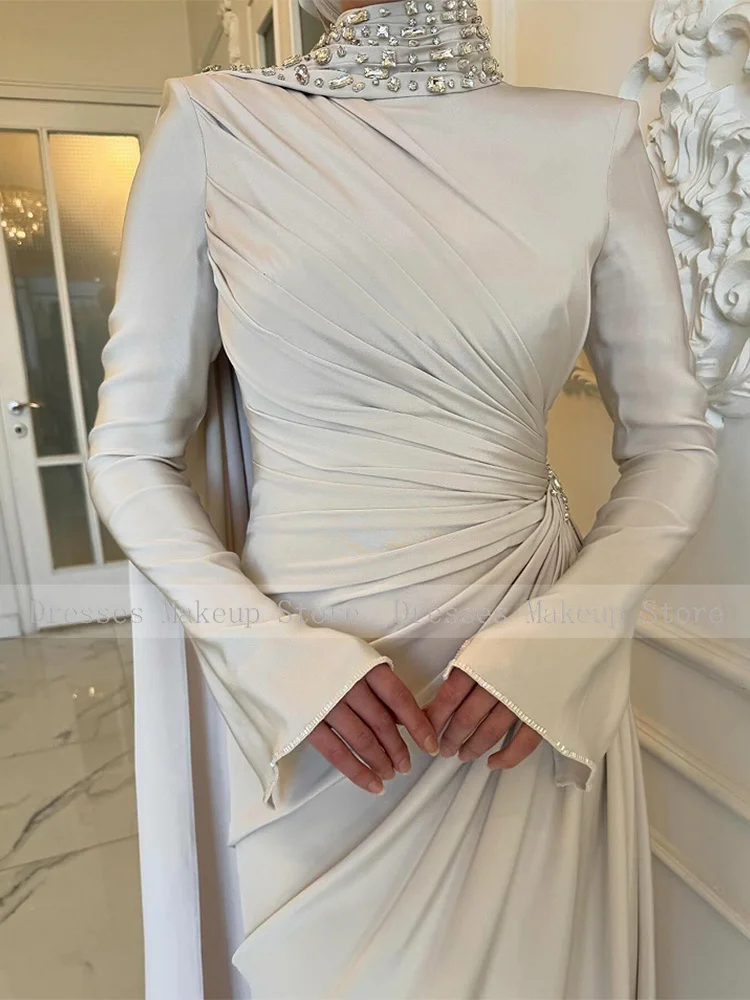 Elegant Formal Dresses Long Charmeuse Rhinestone Pleat Draped Special Occasion Dresses Sheath High Collar Gowns for Women 2024