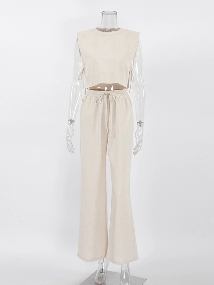 

Spring Summer New Minimalist Women Holiday Linen Pant Set Crop Tops Solid Outfits 2 Two Piece Matching Set for Women