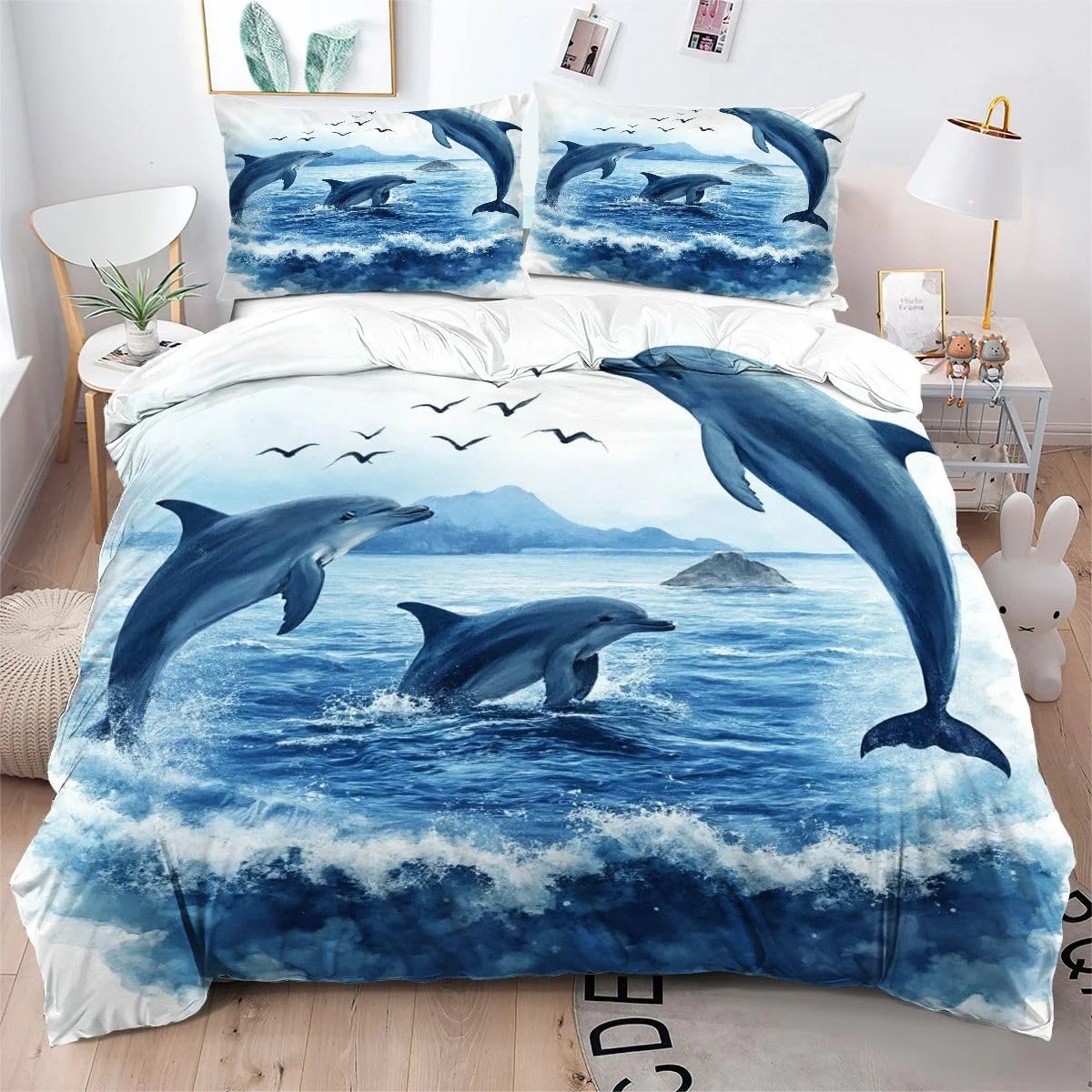 Dolphin Duvet Cover Bedding Set Soft Brushed Microfiber Bed Cover,Soft Microfiber Quilt Cover Set with 1/2 Pillowcases 75*50cm