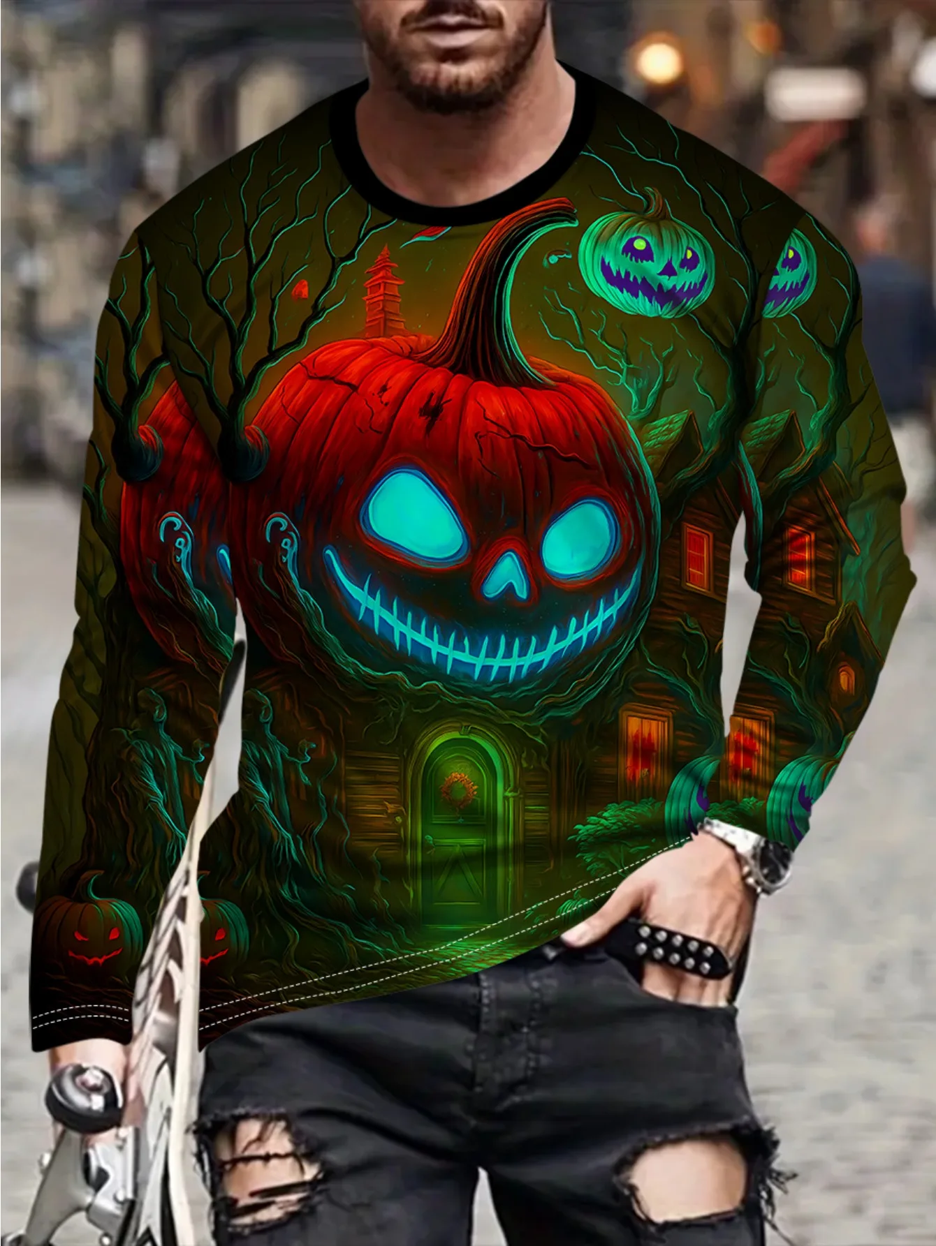 Men Long Sleeve T‑Shirt Glowing Pumpkin Haunted House Dead Tree Print Crew Neck Halloween Casual Tops