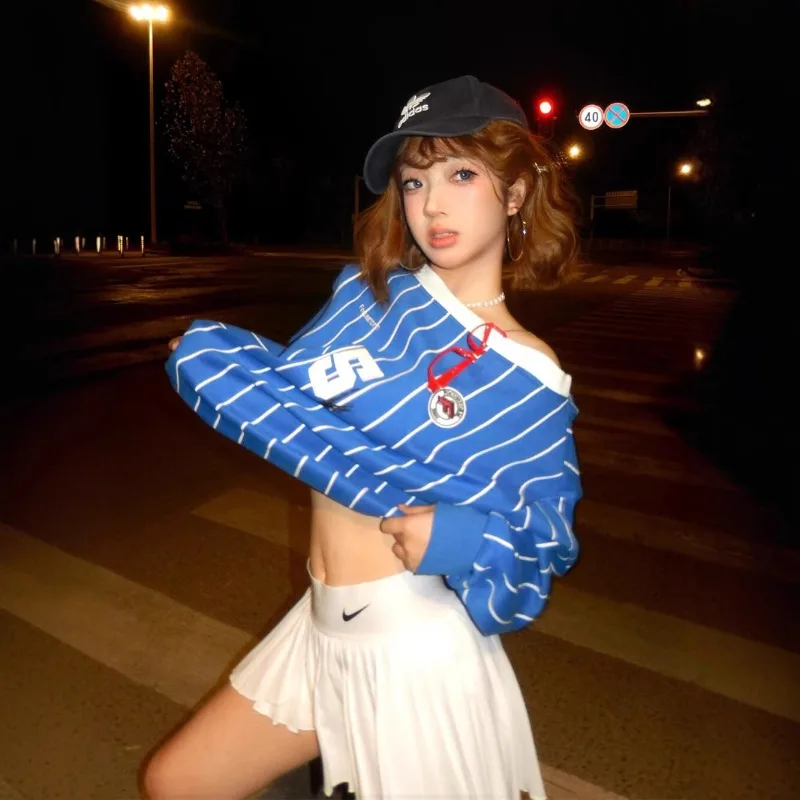 American Retro Spicy Girl Off Shoulder Striped Embroidery Color Blocking Round Neck Long Sleeve Sweat Shirt New Style Women