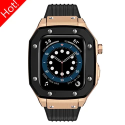 Luxury Alloy Case Modification Kit for Apple Watch Band 45mm 44mm Metal Case Bezel Frame Silicone Strap for IWatch 9 8 7 6 SE 5